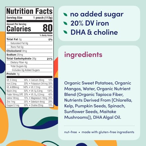 Cerebelly Organic Baby Food Pouches – Organic Veggie Purees for Toddlers | No Added Sugar, Fiber, Non-GMO | Blended Toddler Food | 4oz BPA-Free Baby Food | Sweet Potato Mango | 12 Count