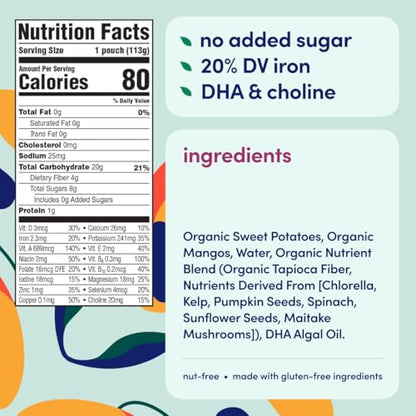Cerebelly Organic Baby Food Pouches – Organic Veggie Purees for Toddlers | No Added Sugar, Fiber, Non-GMO | Blended Toddler Food | 4oz BPA-Free Baby Food | Sweet Potato Mango | 12 Count