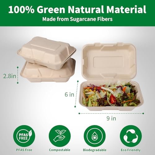 Aricsen Compostable 100 Pack 9x6 Inch Takeout Lunch Box Containers with Lid To Go Take Out Clamshell for Food, Disposable Eco-Friendly Biodegradable Bagasse, PFAS-Free, Brown