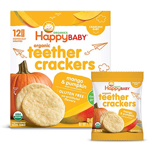 Happy Baby Organics Baby Snacks, Gentle Teething Crackers, Gluten Free & Vegan, Mango & Pumpkin, 12 Count (Pack of 6)