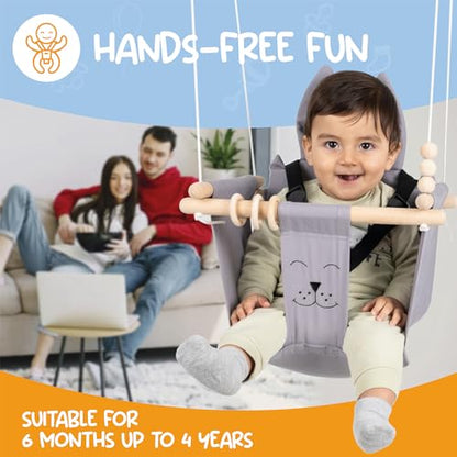 Indoor Outdoor Baby Swing with 3-Point Harness and Hardware for Ceiling, Porch, Doorway, Canvas Baby Swing Outdoor Toddler Swing Seat Grey