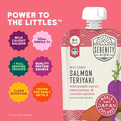 Serenity Kids 6+ Months Salmon Teriyaki Organic Baby Food Pouches - Ethically Sourced Salmon & Organic Veggies - No Added Sugar BPA-Free Baby Puree - 3.5 Oz, 12 Pack