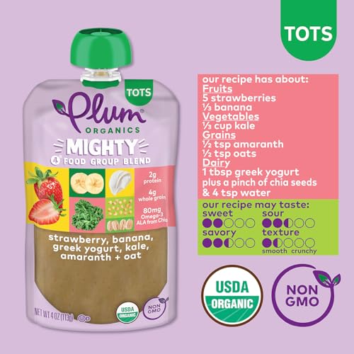 Plum Organics Stage 4 Organic Toddler Food Bundle - Strawberry, Banana, Greek Yogurt, Kale, Amaranth, and Oat 4 oz Pouch + Banana, Kiwi, Spinach, Greek Yogurt, and Barley - 4 oz Pouch (Pack of 6)