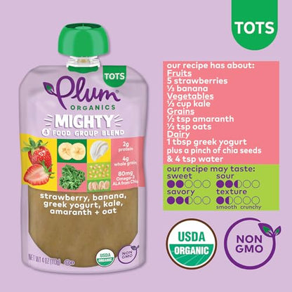 Plum Organics Stage 4 Organic Toddler Food Bundle - Strawberry, Banana, Greek Yogurt, Kale, Amaranth, and Oat 4 oz Pouch + Banana, Kiwi, Spinach, Greek Yogurt, and Barley - 4 oz Pouch (Pack of 6)