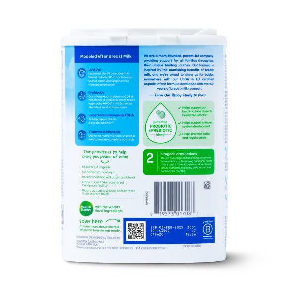 Happy Baby Organics Stage 2 Infant Formula, 6 12 Months, Milk Based Organic Baby Formula Powder with Iron, Probiotics & Prebiotics for Immune & Digestive Support, 22.9 Ounce (Pack of 3)