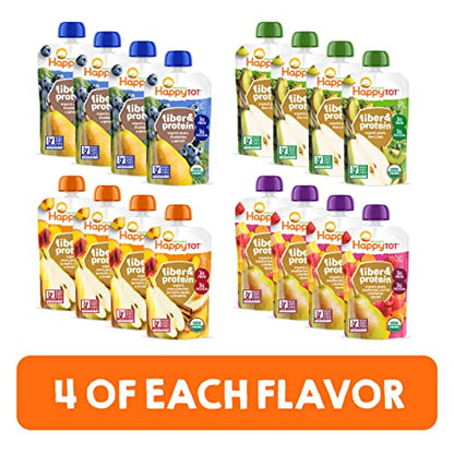 Happy Tot Organics Super Morning Variety Pack, 4 Ounce Pouch (Pack of 16) & Stage 4 Fiber & Protein 4 Flavor Variety Pack (Pack of 16)