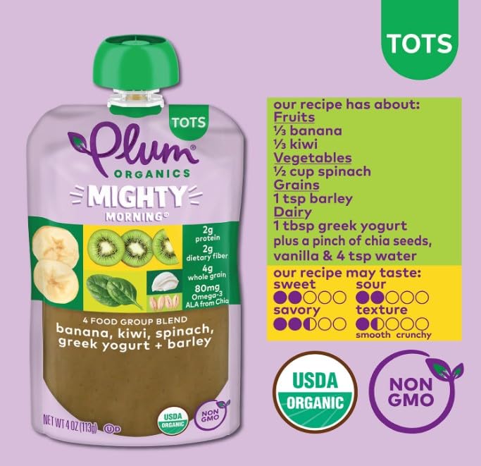 Plum Organics Stage 4 Organic Toddler Food Bundle - Strawberry, Banana, Greek Yogurt, Kale, Amaranth, and Oat 4 oz Pouch + Banana, Kiwi, Spinach, Greek Yogurt, and Barley - 4 oz Pouch (Pack of 6)