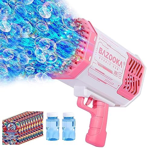 Bubble Machine Gun, 69 Holes Bubble Gun with Lights, Pink Outdoor Summer Beach Kids Bubbles Toys Birthday Wedding Party Fun for Girls Boys
