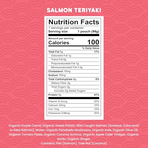 Serenity Kids 6+ Months Salmon Teriyaki Organic Baby Food Pouches - Ethically Sourced Salmon & Organic Veggies - No Added Sugar BPA-Free Baby Puree - 3.5 Oz, 12 Pack