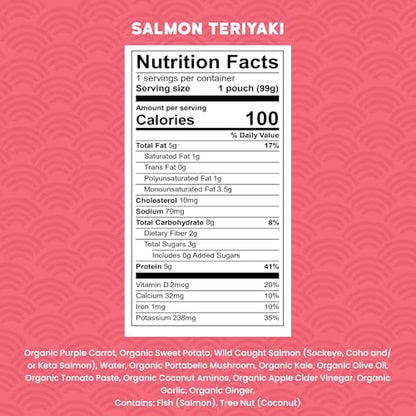 Serenity Kids 6+ Months Salmon Teriyaki Organic Baby Food Pouches - Ethically Sourced Salmon & Organic Veggies - No Added Sugar BPA-Free Baby Puree - 3.5 Oz, 12 Pack