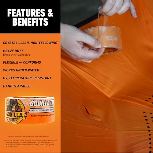 Gorilla Crystal Clear Tape, 1.88” x 18 yd (Pack of 6) - Weather Resistant for Indoor or Outdoor Projects and Repairs