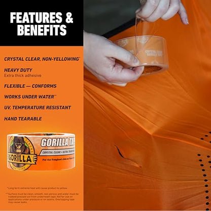 Gorilla Crystal Clear Tape, 1.88” x 18 yd (Pack of 6) - Weather Resistant for Indoor or Outdoor Projects and Repairs