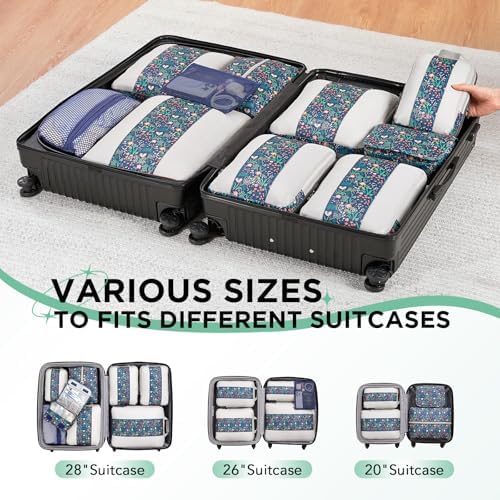10 Set Compression Packing Cubes for Travel Essentials,Compressible Expandable Packing Cubes for Suitcase,OlarHike Luggage Organizer Bags,Handy Helper for Organizing Clothes(Dark Blue Floral)