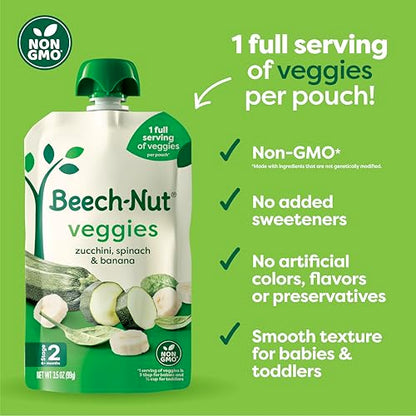 Beech-Nut Baby Food Pouches, Zucchini Spinach & Banana Veggie Puree Baby & Toddler Food, 3.5 oz (12 Pack)