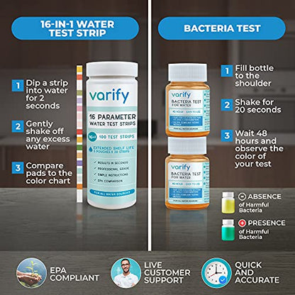 Varify 17in1 Complete Drinking Water Test Kit - 100 Strips + 2 Bacteria Tester Kits - Well, Tap, Home, City Water Testing Strip for Lead, Alkaline, Chlorine, Hardness, Iron, Fluoride, Copper & More