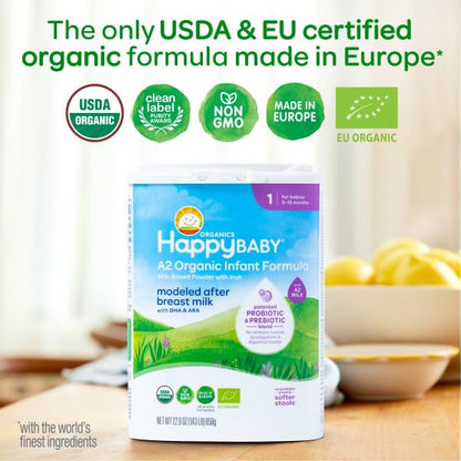 Happy Baby Organics Stage 1 A2 Infant Formula, 0 12 Months, Milk Based Organic Baby Formula Powder with A2 Milk, Probiotics & Prebiotics for Immune & Digestive Support, 22.9 Ounce (Pack of 4)