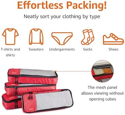 Amazon Basics Slim Packing Cubes for Travel, Packing Organizers, 4-Piece-Set With Double Zipper Pulls and Mesh Top Panel, 100% Durable Polyester, Red, 14"L x 5"W x 3"H