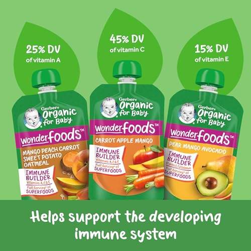 Gerber Organic For Baby 2nd Foods Pouches Immune Builder Variety Pack (3) Carrot Apple Mango (3) Mango Peach Carrot Sweet Potato Oatmeal (3) Pear Mango Avocado 1.96lb (18 Pack)