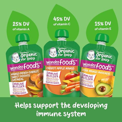 Gerber Organic For Baby 2nd Foods Pouches Immune Builder Variety Pack (3) Carrot Apple Mango (3) Mango Peach Carrot Sweet Potato Oatmeal (3) Pear Mango Avocado 1.96lb (18 Pack)