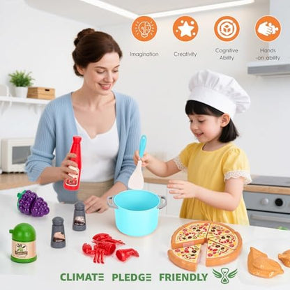 80Pcs Kitchen Playset, Toddler Pretend Cooking with Pots, Pans, Cookware, Food, Picnic Blanket, Fruits, Veges, Shopping Storage Basket, Dessert, Learning Gift for Girls Boys (Turquoise)