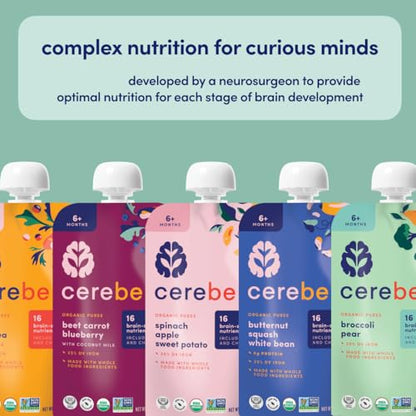 Cerebelly Baby Food Pouches – Organic Veggie Purees for Toddlers | No Added Sugar, Fiber, Non-GMO | Blended Toddler Pouches | 4 Ounce BPA-Free Pouch | Broccoli Pear | 6 Count