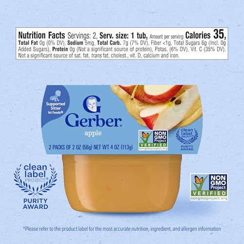Gerber Stage 1 Baby Food, Apple Puree Tub, No Artificial Colors or Flavors, Baby Puree, 16-Pack