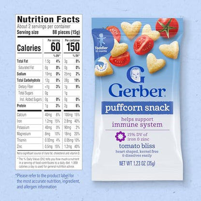 Gerber Toddler Snacks, Snacks for Kids, Kernel Free, Heart Shaped Puffcorn Snack, Tomato Bliss Flavor, Zinc and Iron Helps Support Immune System, 7-Pack