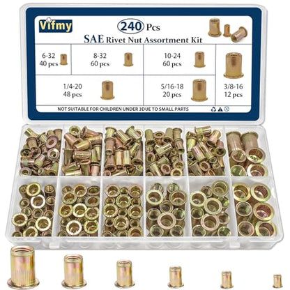 SAE Rivet Nut Assortment Kit(240Pcs),#6-32#8-32#10-24 1/4"-20 5/16"-18 3/8"-16 UNC Rivnut Threaded Insert Nut Set,Zinc Plated Finish Carbon Steel Nutsert