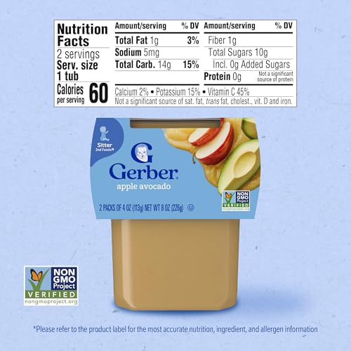 Gerber 2nd Foods, Apple Avocado Pureed Baby Food, 4 Ounce Tubs, 2 Count (Pack of 8)