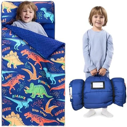 JOIEDOMI Toddler Nap Mat for Preschool 55''x30'' Sleeping Mat with Removable Pillow and Minky Blanket for Kids Ages 3-7 Roll Up Soft Kids Sleeping Bag for Boys Girls Kindergarten Daycare Sleepover