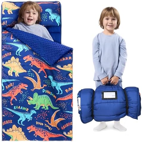 JOIEDOMI Toddler Nap Mat for Preschool 55''x30'' Sleeping Mat with Removable Pillow and Minky Blanket for Kids Ages 3-7 Roll Up Soft Kids Sleeping Bag for Boys Girls Kindergarten Daycare Sleepover