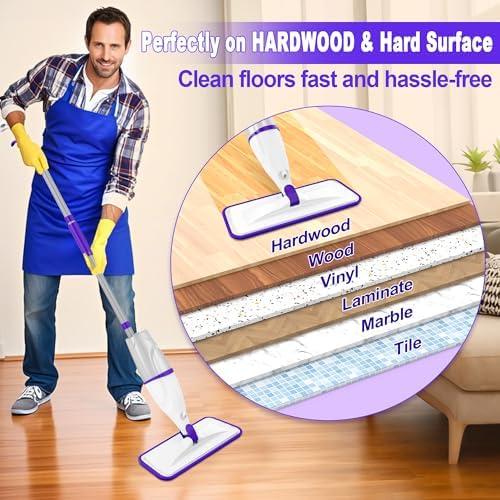 Spray Mop for Hardwood Floor Cleaning: EXEGO Wet Mops with 5 Microfiber Refillable Pads for Swiffer Powermop - Mopping Tools with Sprayer for Tile Wood Laminate Vinyl Marble