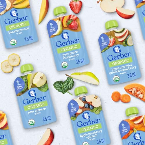 Gerber Stage 2 Baby Food, Organic Apple Peach Puree Pouch, 2 Servings of Fruit, No Added Sweetener, No Artificial Colors or Flavors, 12-Pack