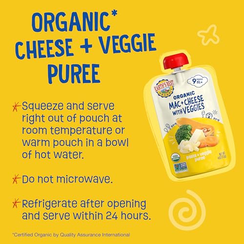 Earth's Best Organic Baby Food Pouches, 9+ Months, Pasta and Vegetable Puree for Babies 9 Months and Up, Organic Mac and Cheese with Veggies, 4 Ounce Resealable Pouch (Pack of 12)