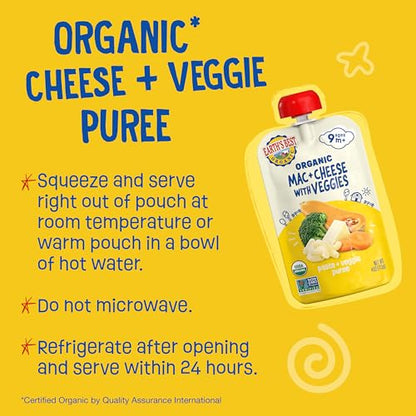 Earth's Best Organic Baby Food Pouches, 9+ Months, Pasta and Vegetable Puree for Babies 9 Months and Up, Organic Mac and Cheese with Veggies, 4 Ounce Resealable Pouch (Pack of 12)