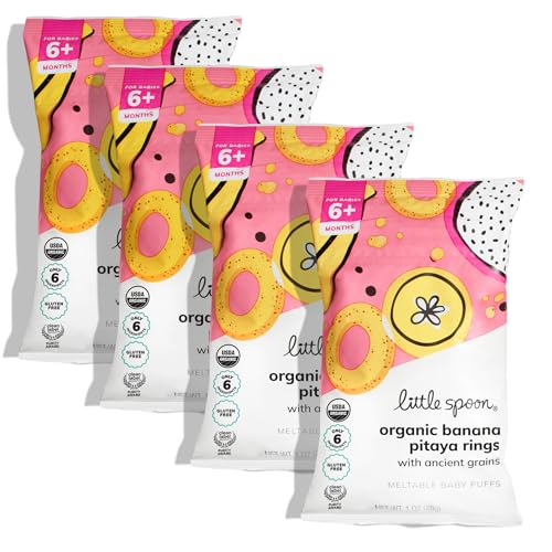 Little Spoon Banana Pitaya Meltable Baby Puffs, Organic Corn Quinoa Sorghum, No Rice, No Added Sugar Snacks, Encourages Self-Feeding, 1 Oz Bag, 4 Pack