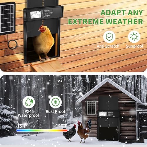 ONKO Automatic Chicken Coop Door Solar Powered with LCD Display, Automatic Chicken Door with Timer & Light Sensor - Remote Control, Anti-Pinch Safety Design & Durable Aluminum Alloy Construction