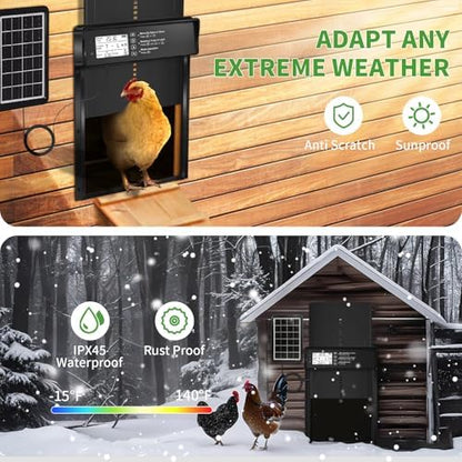 ONKO Automatic Chicken Coop Door Solar Powered with LCD Display, Automatic Chicken Door with Timer & Light Sensor - Remote Control, Anti-Pinch Safety Design & Durable Aluminum Alloy Construction