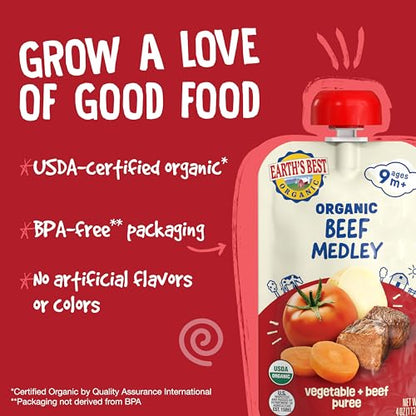 Earth's Best Organic Baby Food Pouches, 9+ Months, Beef, Vegetable, and Rice Puree for Babies 9 Months and Up, Organic Beef Medley, 4 Ounce Resealable Pouch (Pack of 12)