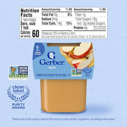 Gerber 2nd Food Baby Food Apple Puree, Natural & Non-GMO, 4 Ounce Tubs, 2-Pack (Pack of 8)