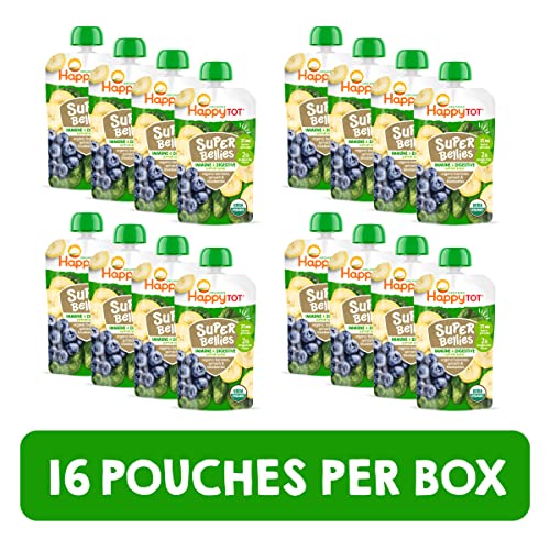 Happy Tot Organics Stage 4 Baby Food Pouches, Gluten Free, Vegan Snack, Super Bellies, Fruit & Veggie Puree, Banana, Spinach & Blueberries 4 Ounce (Pack of 16)