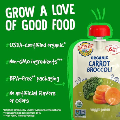 Earth's Best Organic Baby Food Pouches, 6+ Months, Vegetable Puree for Babies 6 Months and Up, Organic Carrots and Broccoli, 3.5 Ounce Resealable Pouch (Pack of 12)