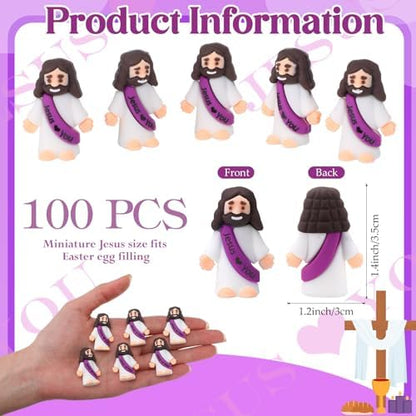 Bememo 100 Pcs Little Jesus Figures Jesus Loves You Original Design Rubber Pocket Toys Little Figures to Hide and Seek Sunday School Religious Party Share Gifts(Purple)