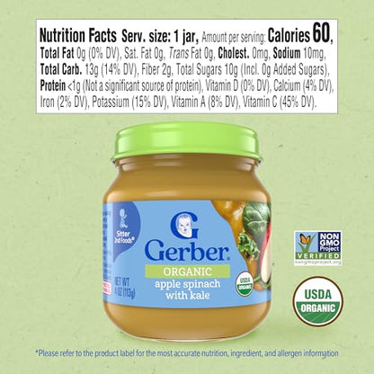 Gerber Stage 2 Baby Food, Organic Apple Spinach with Kale Jar, Fruit & Veggie Puree, Vitamin C, Non-GMO, Baby Food Puree Jars Glass, 10-pack
