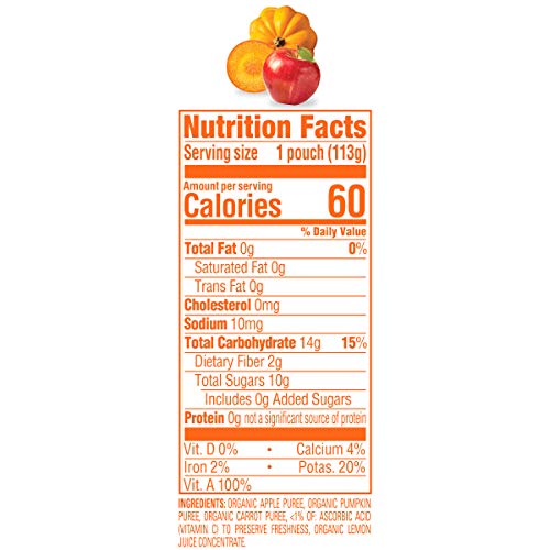 Happy Baby Organics Stage 2 Baby Food Pouches, Gluten Free, Vegan & Healthy Snack, Clearly Crafted Fruit & Veggie Puree, Apples, Pumpkin & Carrots, 4 Ounces (Pack of 16)