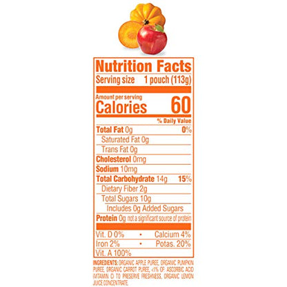 Happy Baby Organics Stage 2 Baby Food Pouches, Gluten Free, Vegan & Healthy Snack, Clearly Crafted Fruit & Veggie Puree, Apples, Pumpkin & Carrots, 4 Ounces (Pack of 16)