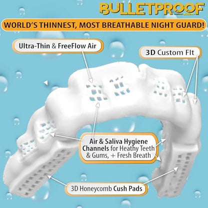 BulletProof Night Guard: World’s Thinnest Mouth Guard For Grinding Teeth At Night. TMJ Bite Clenching Mouthguard For Sleeping. Women Men Nighttime Dental Bruxism Relief Nightguard for Sleep Adult Kids
