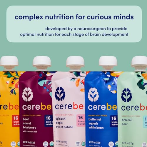 Cerebelly Baby Food Pouches – Organic Veggie Purees for Toddlers | No Added Sugar, Fiber, Non-GMO | Blended Toddler Pouches | 4 Ounce BPA-Free Pouch | Broccoli Pear | 12 Count