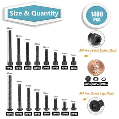 Kadrick Metric Screws Assortment,1400 Pcs M4 Screws Nuts Washers Assortment M4x6MM-40MM, Hex Socket Button & Cap Head M4 Machine Bolts Kit, 12.9 & 10.9 Grade Black Alloy Steel for 3D Printing