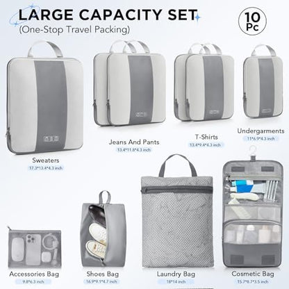 10 Set Compression Packing Cubes for Travel Essentials,Compressible Expandable Packing Cubes for Suitcase,OlarHike Luggage Organizer Bags for Travel,Handy Helper for Organizing Clothes(Gray)